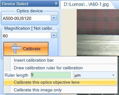 For other images, select the same device (Optics device) and objective lens (Magnification) to apply the calibration data.