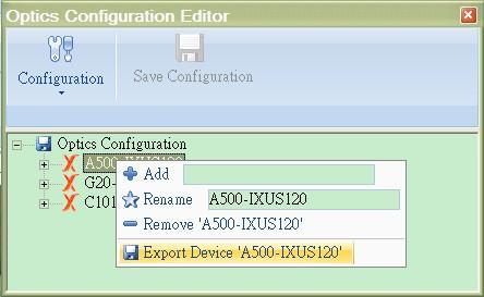 For one specific device, select Export Device to export calibration data of all its objective lenses. Input the filename in the pop-up dialog box to save the export file.
