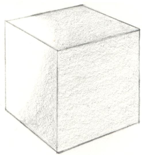 Step three: Begin shading Shade your cube to a level 2 tone in the same shaped area as you see here (see Fig. 4.) Use a HB pencil and nice smooth strokes.
