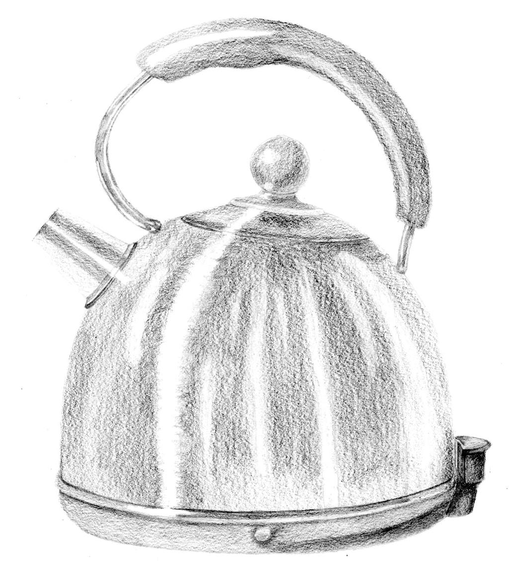 Step Three: 1. Begin shading your silver kettle with an HB pencil to a level 2 