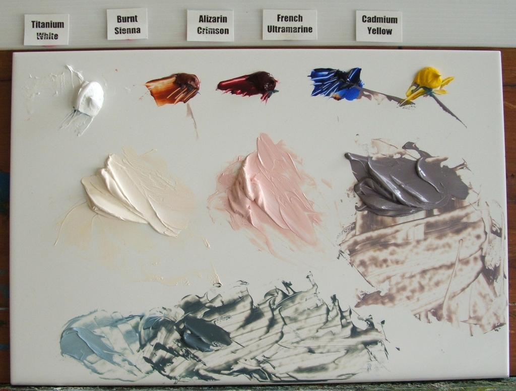 My palette looked like this : Next I mixed up the colours for the iris using Titanium White, Alizarin