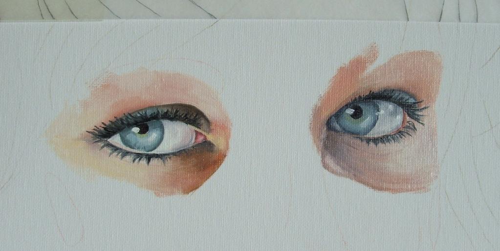 I then moved on to the right eye looking out for exactly the same things. Once I was happy and had a better feel for the colour mixes, I painted in the eyelashes.