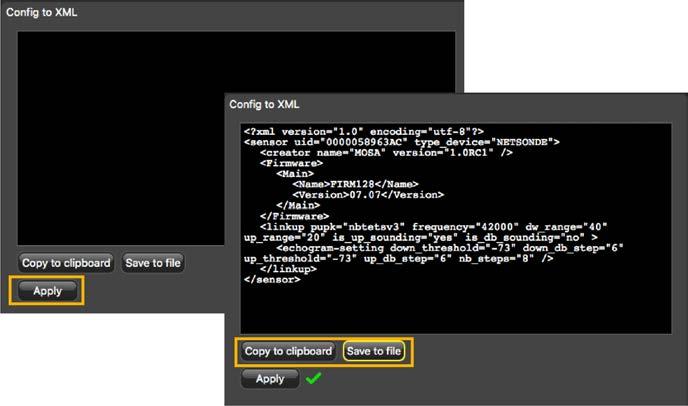 Catch Sensors V4 Sensor Configuration 2. Click Config to XML. 3. Click Apply under the black area. The settings are displayed. 4.