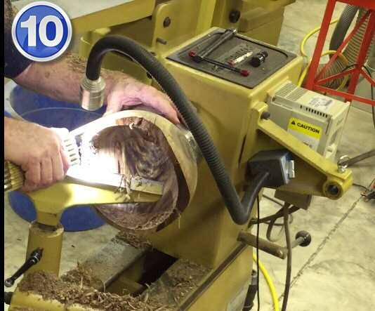 He uses 1-inch pipe insulation and wraps the sandpaper around that using a rubber band to hold it on to sand the bowl (Picture #11).