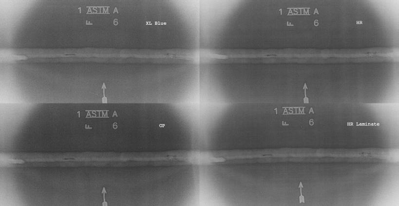 Fig. 5. Four-Inch Schedule 80 Pipe Weld Radiograph with Iridium Exposure. The essential wire Number 5 could be detected with HR, HR laminate, and the GP imaging plates.