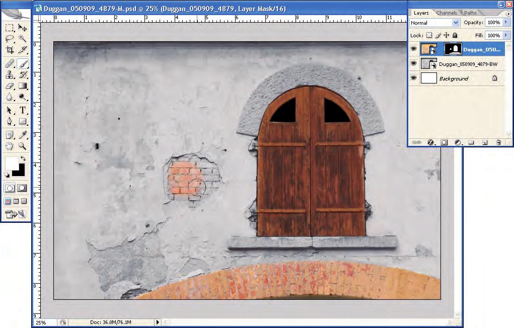 10 To expose an area in your image (in this example, the bricks to the left of the window), select the Brush tool (B) and open the Brush Picker on the Options bar to select a brush tip that is a good