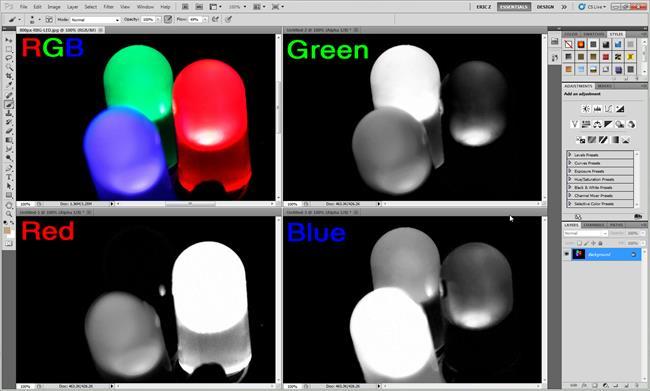 Green bulb is the brightest in the green channel because it takes more bright green light to create an image of a