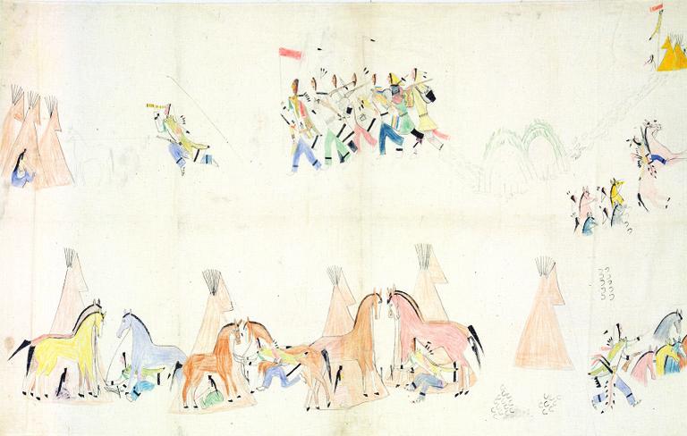 Painted muslin by His Fight (Hunkpapa Lakota) depicting a horse raid against the Apsáalooke