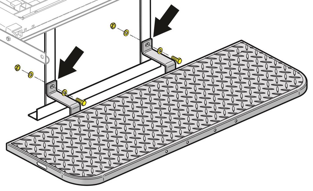 Loosely fasten the longer leg of a handrail to the rearmost portion of the seat platform (blue arrow, page 7) using (1) 10mm x 40 Phillips Head Truss Bolt, (1) Flat Washer and (1) Nylock Nut (Bag 4).