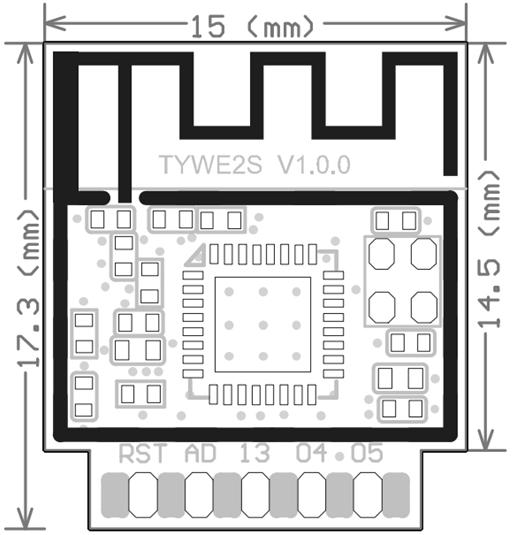 2. Dimensions and Footprint 2.1Dimensions TYWE2S has 2 columns of Pins.The distance between each Pin is 2mm. Size of TYWE2S: 15mm (L) 17.3mm (W) 2.8 mm (H) Figure 2 shows the dimensions of TYWE2S.