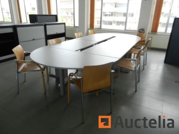 ID : 1022-009 Office furniture Office furniture Meeting table set consisting of 4 gray melamine tables (120 cm x 80 cm) 2 half gray melamine circles (88 cm x 172 cm) Metal base Overall dimensions: