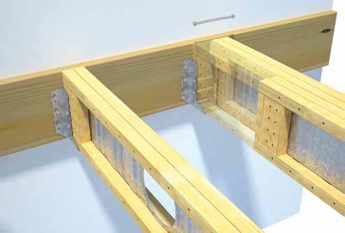 Where TECBEAM joists carry higher loads e.g. double joist at stair void, a combination of a joist hanger on one joist and a steel angle bracket fixed with 2M12 bolts on the other joist can be used.