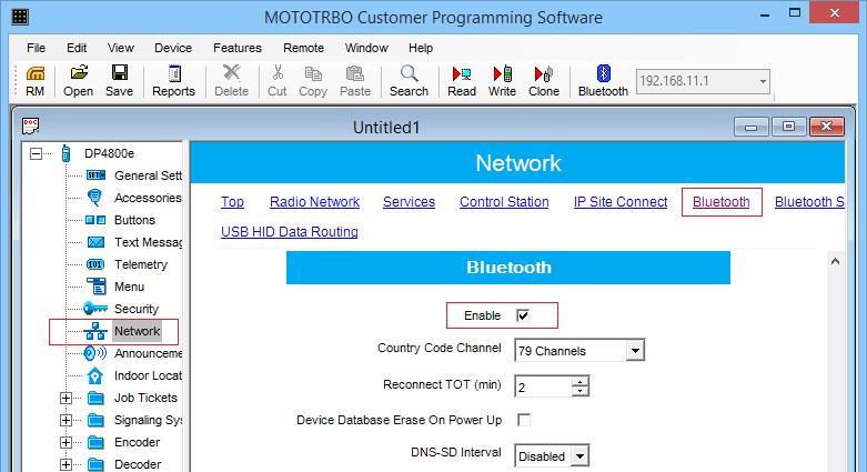 Configuration 5. In the left pane, select Network. In the right panel, click Bluetooth and select the Enable checkbox to enable the Bluetooth feature on the radio.