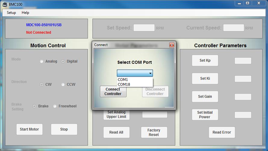 The connect window will pop up as shown below. Select the appropriate COM port from the dropdown menu and click on Connect Controller. 7.