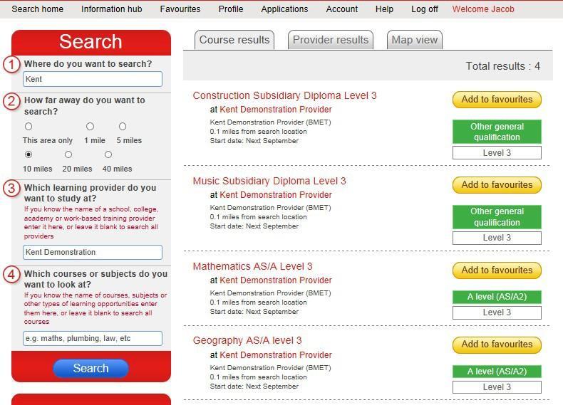 Your search results Results can be viewed by course, provider or in a Map view.