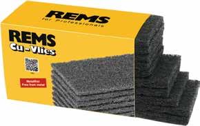 REMS Cu-Vlies Cleaning pads Metal-free, highly fl exible cleaning pads for cleaning surfaces to be soldered on copper tubes and soldering fi ttings. Also for other materials.