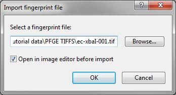 5. Processing a fingerprint gel file 3 Figure 4: Select gel image. uncompressed gray scale TIFF file make sure the option is checked. 4. Since the example file is an uncompressed gray scale TIFF file, uncheck the option and press <OK>.