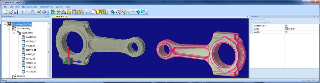 A selection in the tree view opens the parameter property sheet (3) (2) The main window displays the geometry of roller products, tool segments or CAD-Geometry.