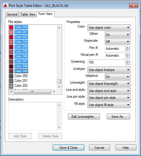 9. When the Plot Style Table Editor ALL_BLACK dialog box appears, use shift-select all colors from 1 249 as shown below.