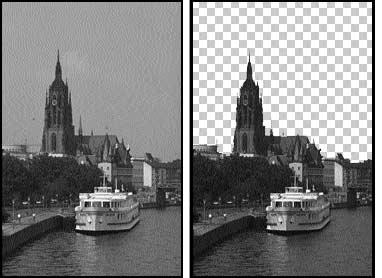 CHAPTER 3 TRANSPARENCY 67 Figure 3 1: The Magic eraser tool at work. The sky in the image on the right has been made transparent. (By default, the transparent areas will appear as a checker board.