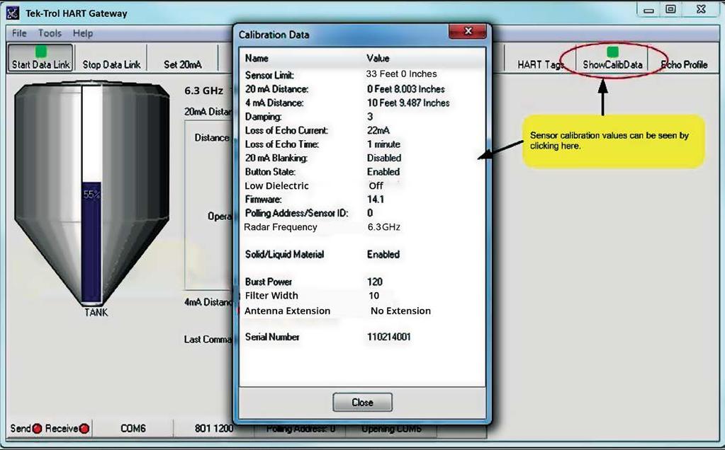 2.9 Show sensor calibration Sensor calibration data can be viewed by clicking the ShowCalibData button as shown in Figure 21.
