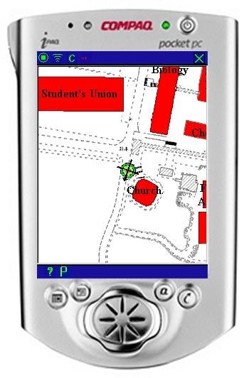 Fig 1: The Genie s navigation screen. In this case the tourist is approaching a church. Navigation support is delivered via a geocoded electronic map.