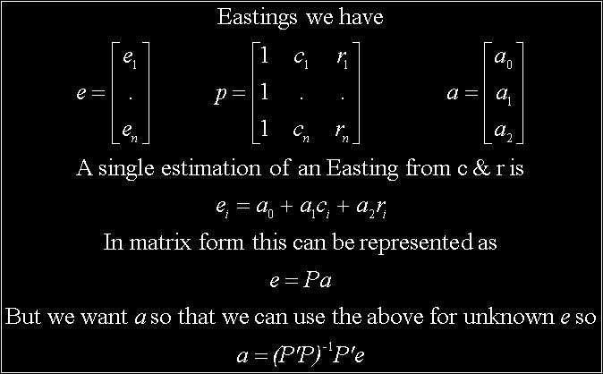 Least Squares Approximation Given a set of ground control of known map (Easting, Northings) and related image (column, row)