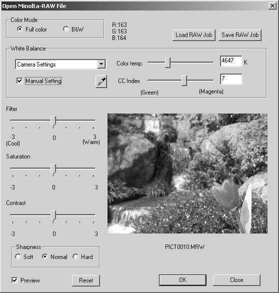 ADVANCED IMAGE PROCESSING Processing RAW images Certain digital cameras, such as the DiMAGE 7Hi or DiMAGE 7, use a special file format called Minolta-RAW.
