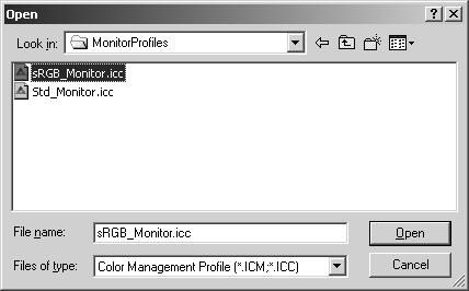 ADVANCED SETUP Using device ICC profiles Specific monitor and printer ICC profiles can be used with the DiMAGE Viewer. Select the color-preferences option from the file menu to open the dialog box.