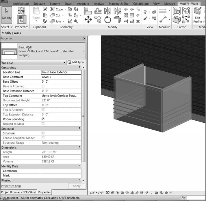 Creating Roofs by Extrusion 339 F I G URE 7.46: Changing the wall types as you have been doing all along 5. On the View tab, click the Elevation button. 6.