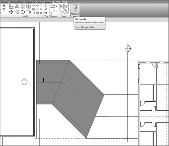 348 Chap ter 7 Roofs F I G URE 7.59: Selecting the roof to be modified 4. On the Modify Roofs tab, click the Edit Footprint button. You re now in the Sketch Mode for this roof.