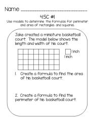 5D solve problems related to perimeter and area of rectangles where dimensions are whole numbers Students should be familiar with perimeter and area from 3 rd grade.