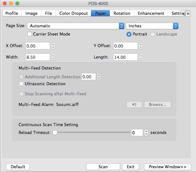 Scan (Macintosh) Paper tab Click the Paper tab to define values relating to image output, overlapping pages, and auto scan. (1) (2) (3) (4) (5) (6) 6 (7) No.