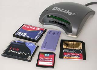 Can be used on any computer (with quickly installed software) The Dazzle 6-in-1 card reader ($40) can read CompactFlash Type I and II, SmartMedia, IBM Microdrive, Sony MemoryStick, Secure Digital