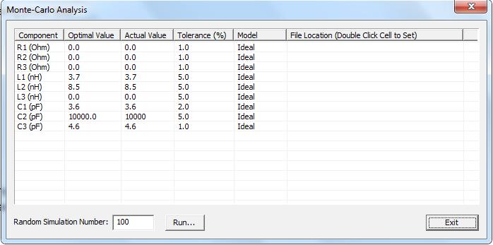 Figure 4.1.1 Statistical analysis configuration dialog. In the configuration dialog, the user can edit the actual value and tolerance of any component. We change the inductors L1 to 3.