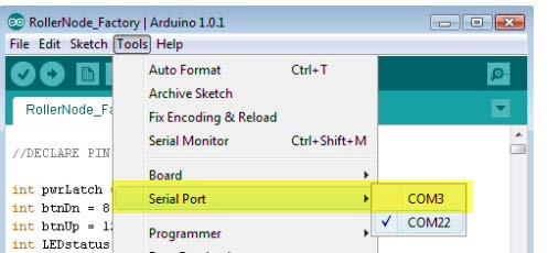 of the Arduino board from the Tools Serial Port menu. Select one of the ports listed.