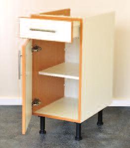 majority of base units. Supplied fully assembled on adjustable legs complete with 165 opening clip hinges. Drawer boxes are metal sided, single extension with 15mm thick bases and backs.