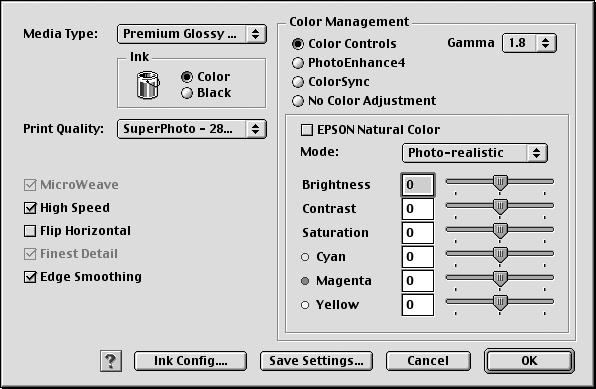 4. Select these advanced settings as necessary: Click here to select a different print quality for your paper type Select various print options here To select color management