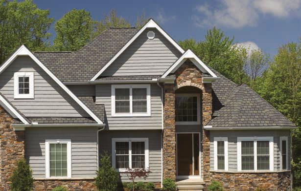 DESIGNER SHINGLES Black Granite Fieldstone Roof - Highland Slate, shown in Fieldstone Siding - Cedar Impressions Double 7 " Perfection Shingles, shown in Seagrass Max Def Weathered Wood HIGHLAND