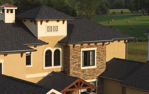 DESIGNER SHINGLES Max Def Burnt Sienna Max Def Heather Blend NorthGate, shown in Max Def Moire Black Max Def Moire Black NORTHGATE Two-piece laminated fiber glass base construction Greater