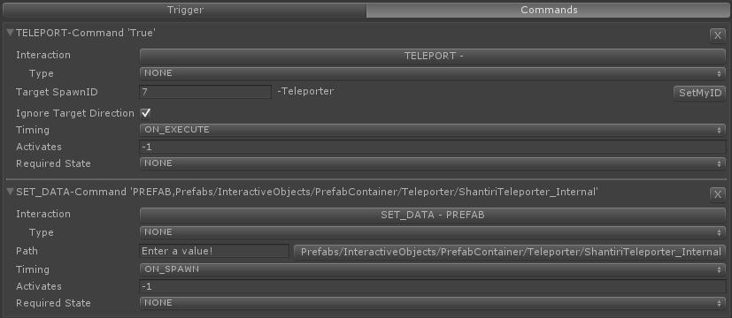 To implement a teleporter you need two teleport triggers which have each been assigned a set data command. The set data is used to define which prefab is used for the teleporter.