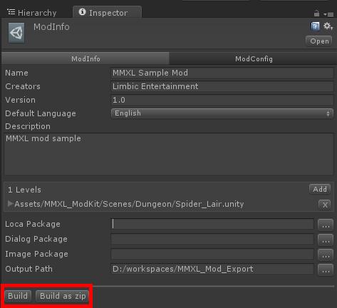 Export mod and load it in MMXL The sample level can be exported directly. You need to open the ModInfo file in the folder "Assets/MMXL_ModKit/ModSample".