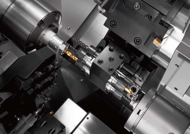 Cycle time shortened by superimposition control control allows simultaneous cutting with two tools at the main spindle (SP1), or with three tools when the sub spindle (SP2) is included, shortening