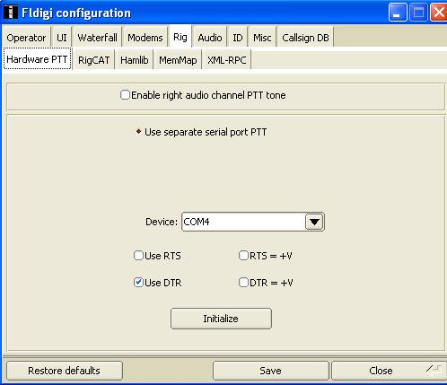 Software Configuration to enable DTR control of the Transmit Line Below is an image of the FLDigi configuration screen for hardware Control of the Radio s Push to Talk or Transmit line COM4 was
