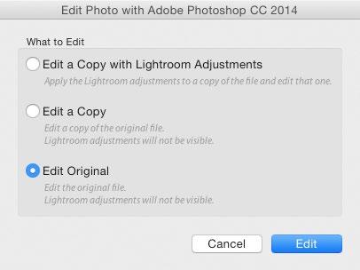 When you re-send a derivative image to Photoshop from Lightroom, you ll want to choose the Edit Original option when prompted in order to ensure that all layers and other elements added to the image
