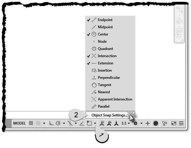 Crash Course Introduction (the Basics) 3. Click the down-arrow next to the Object Snap icon, on the Status Bar, and select Object Snap Settings from the pop-up menu (Figure 2-2.4). FIGURE 2-2.