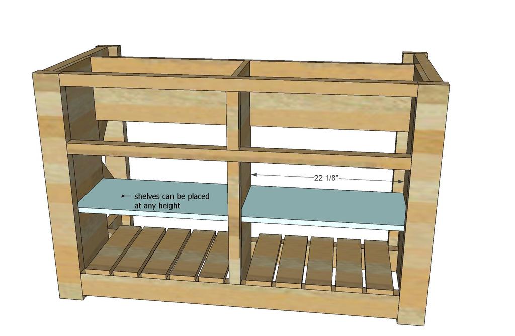 [32] Attach shelf slats evenly spaced on bottom shelf area.