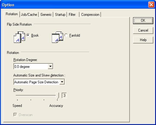 The options are described below: 4.7.1. Rotation Figure Option dialog (Rotation) Flip Side Rotation Specifies the binding of the document when both sides are scanned using ADF.
