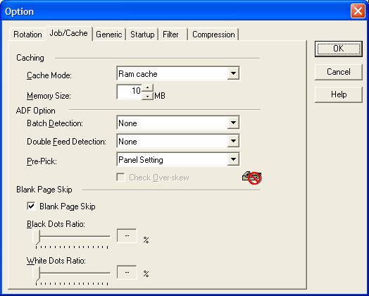 4.7.2. Job/Cache Figure Option dialog (Job/Cache) Caching Specifies whether to pre-read (cache) when a document is scanned. This option enables faster scanning.