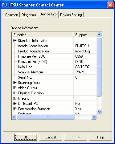 6.4.3. [Device info] tab A list of the functions compatible with the selected scanner driver is displayed. The items displayed depend on the selected model of scanner.